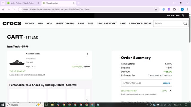 Crocs checkout page showing Crocs promo code box | Screenshot taken by SimplyCodes community member on Aug 23, 2025