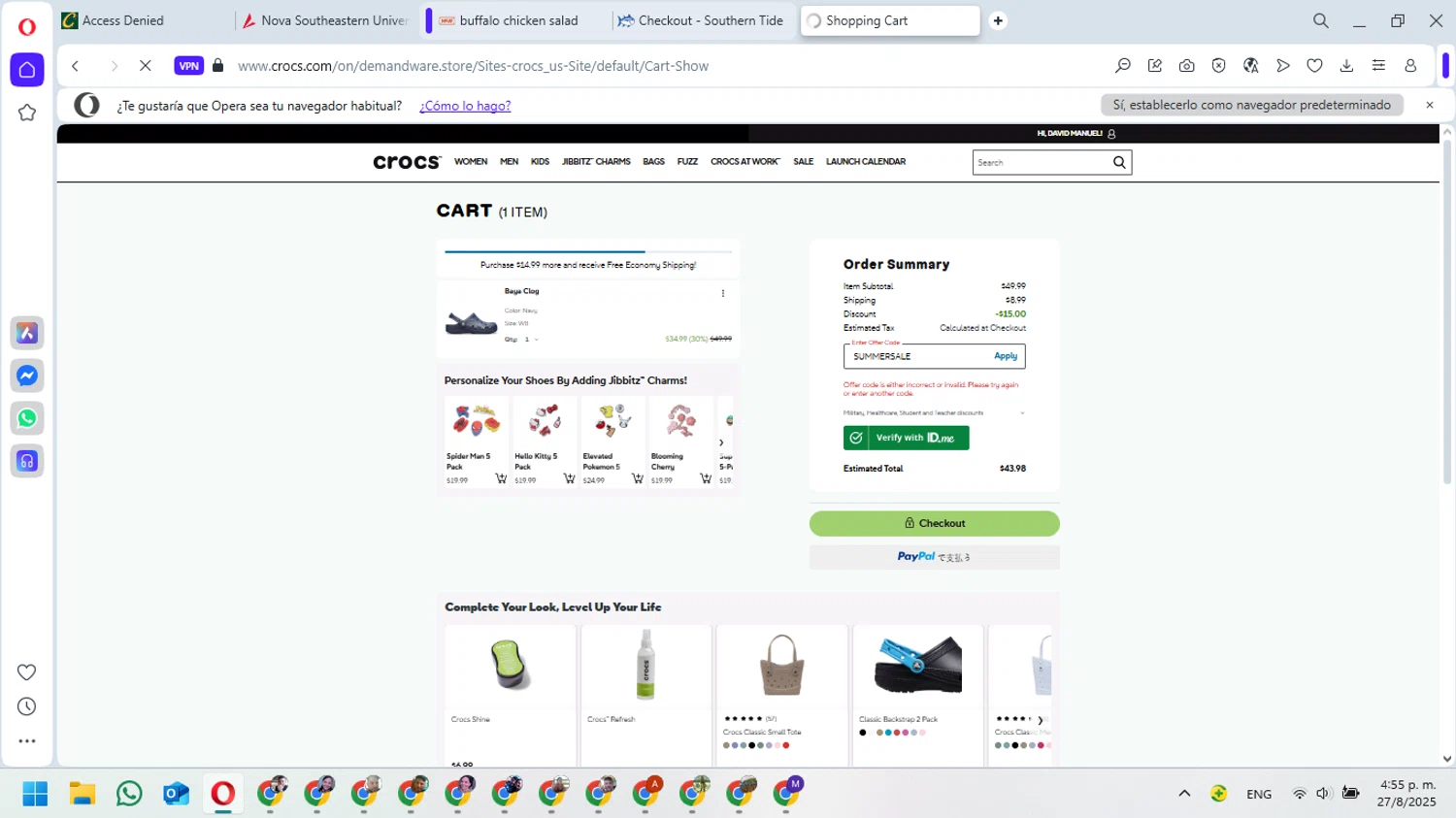 Crocs promo code screenshot showing code SUMMERSALE applied at Crocs checkout page. Uploaded by SimplyCodes community member FrugalVirtuoso3584 on Aug 27, 2025