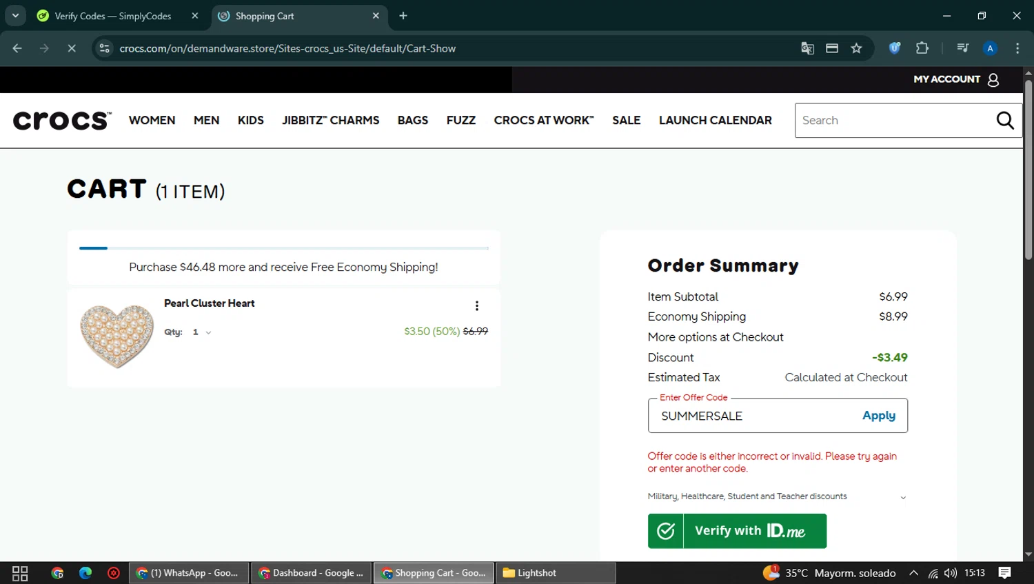 Crocs promo code screenshot showing code SUMMERSALE applied at Crocs checkout page. Uploaded by SimplyCodes community member NobleCaptain2872 on Aug 27, 2025