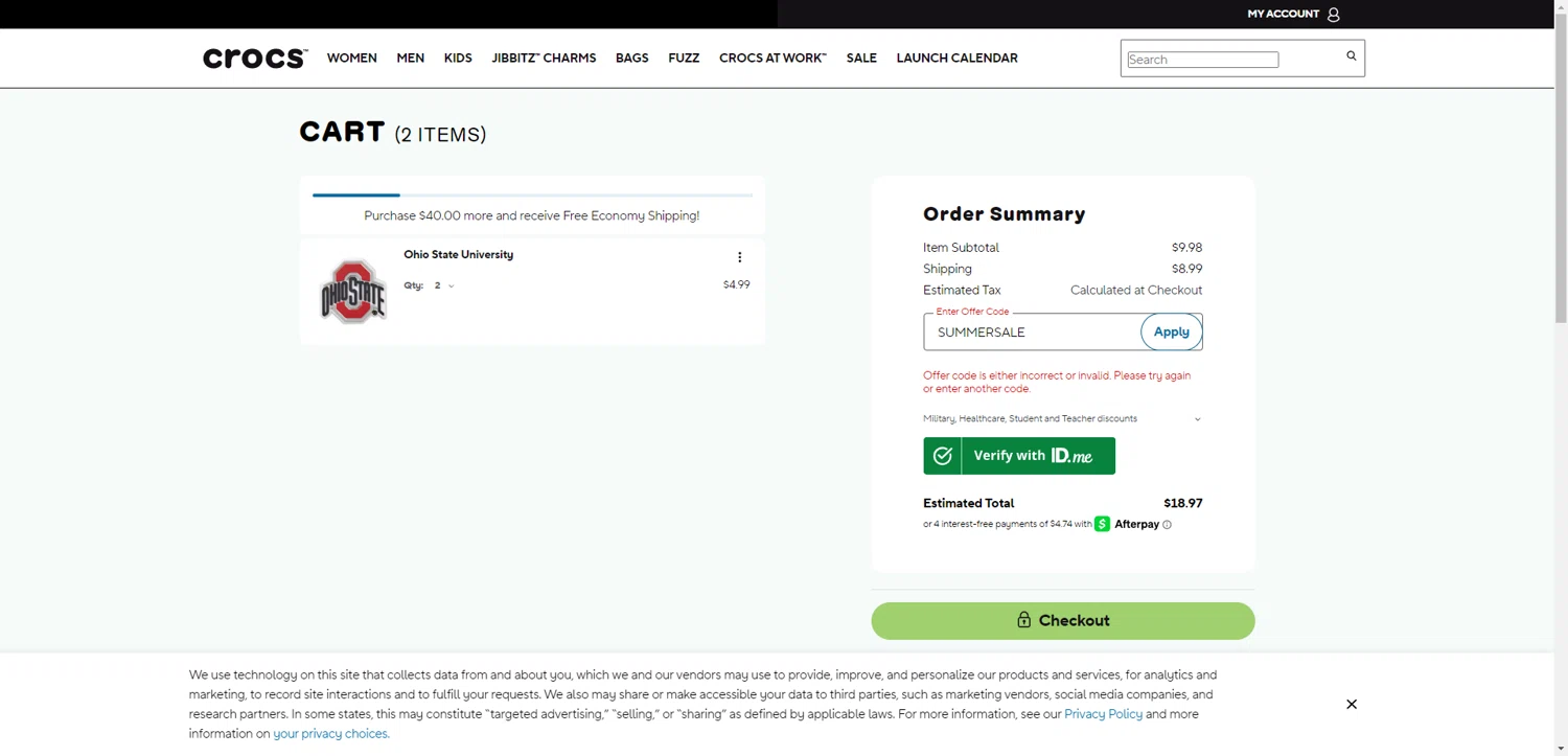 Crocs promo code screenshot showing code SUMMERSALE applied at Crocs checkout page. Uploaded by SimplyCodes community member PromoSeeker7158 on Aug 27, 2025