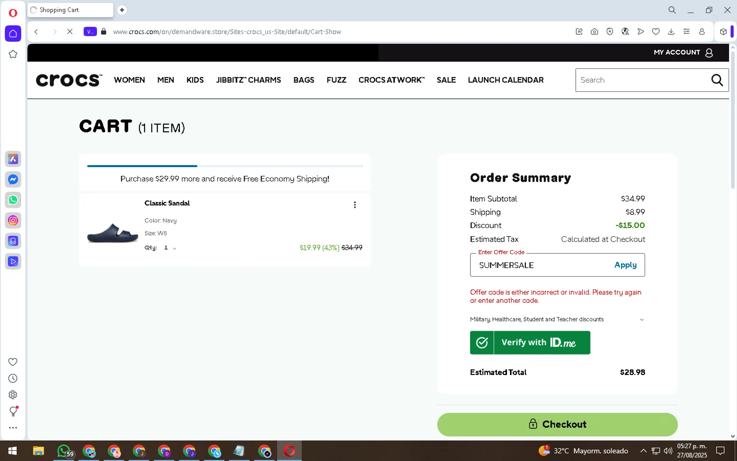 Crocs promo code screenshot showing code SUMMERSALE applied at Crocs checkout page. Uploaded by SimplyCodes community member SilverChaser6086 on Aug 27, 2025