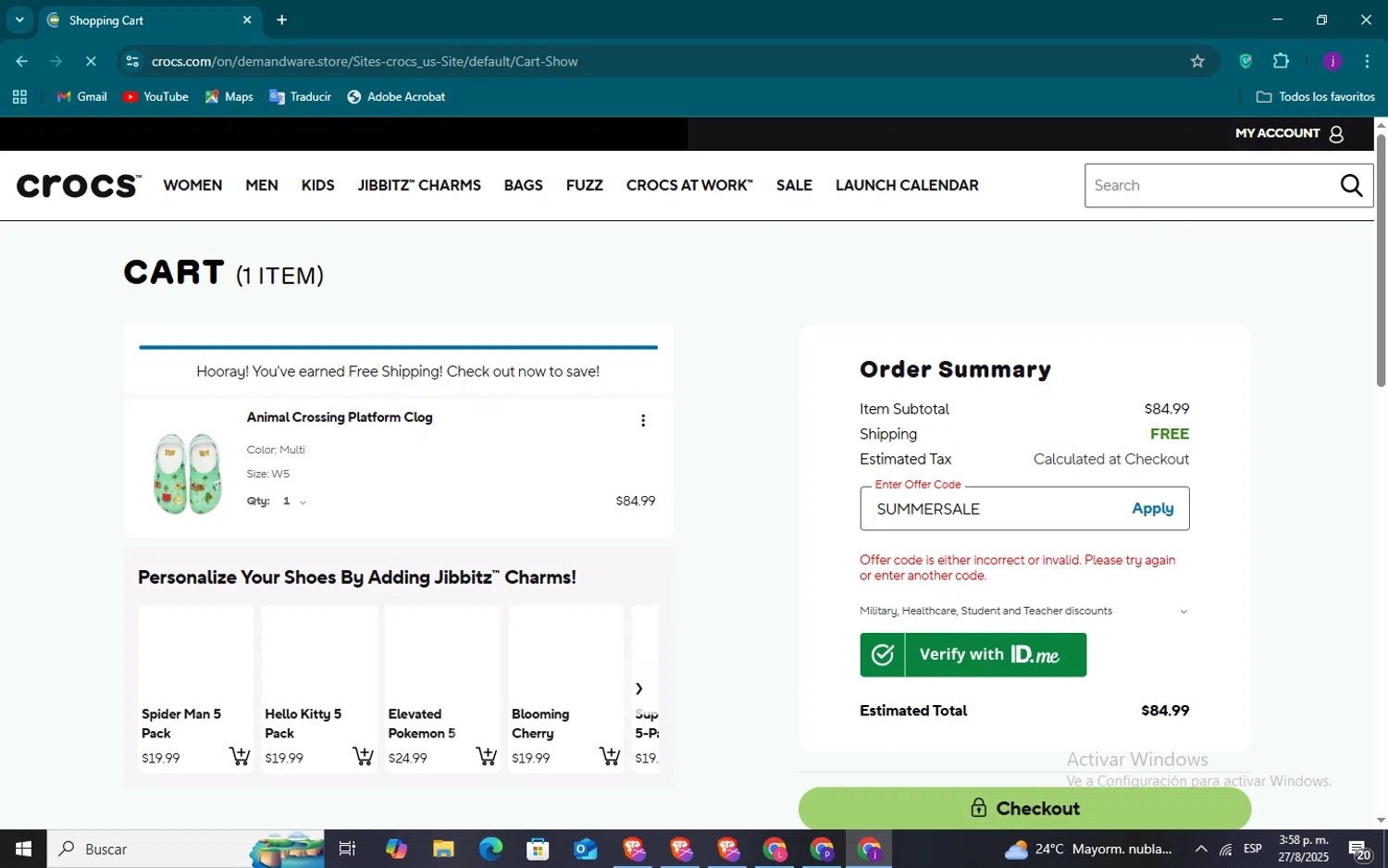 Crocs promo code screenshot showing code SUMMERSALE applied at Crocs checkout page. Uploaded by SimplyCodes community member VoucherSpotter6910 on Aug 27, 2025