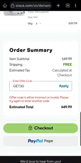 Crocs coupon verification screenshot