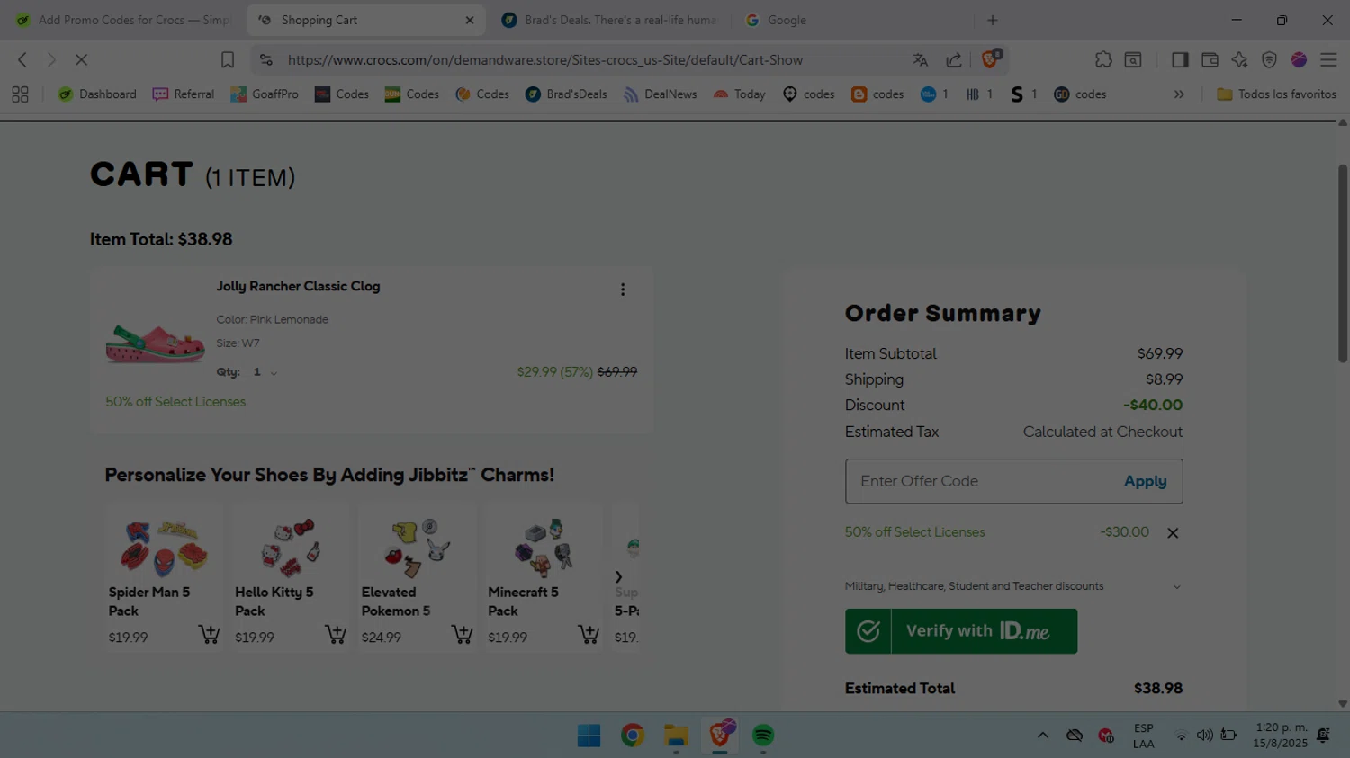 Crocs promo code screenshot showing code BRADS50 applied at Crocs checkout page. Uploaded by SimplyCodes community member BabaYaga on Aug 15, 2025