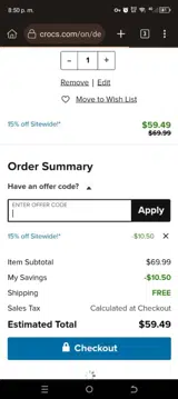Crocs coupon verification screenshot