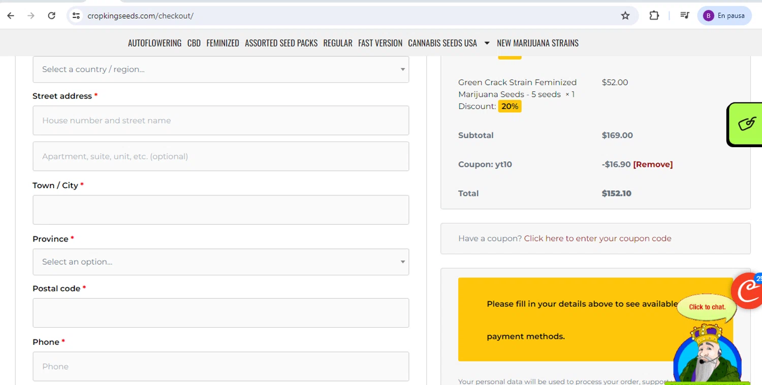 where to use Crop King Seeds promo code box