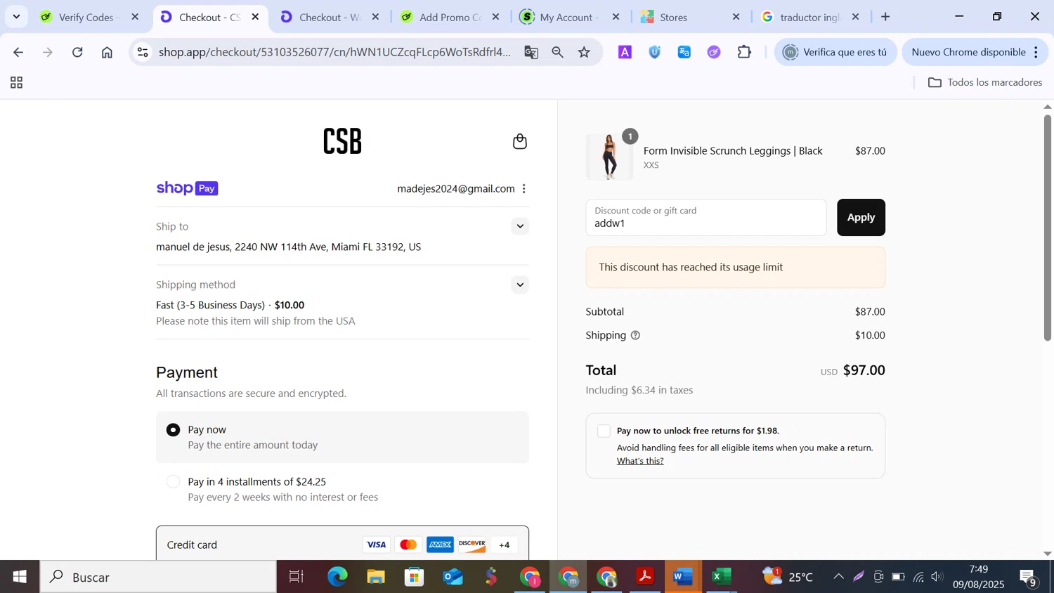 Crop Shop Boutique US promo code screenshot showing code addw1 applied at Crop Shop Boutique US checkout page. Uploaded by SimplyCodes community member MANUELURBINA on Aug 9, 2025