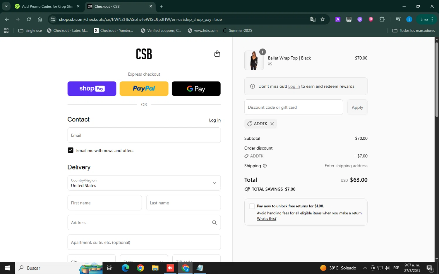 Crop Shop Boutique US promo code screenshot showing code addtk applied at Crop Shop Boutique US checkout page. Uploaded by SimplyCodes community member Xemocodes on Aug 27, 2025