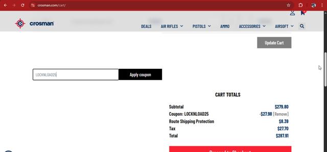 Crosman checkout page showing Crosman discount code box | Screenshot taken by SimplyCodes community member on Aug 15, 2025