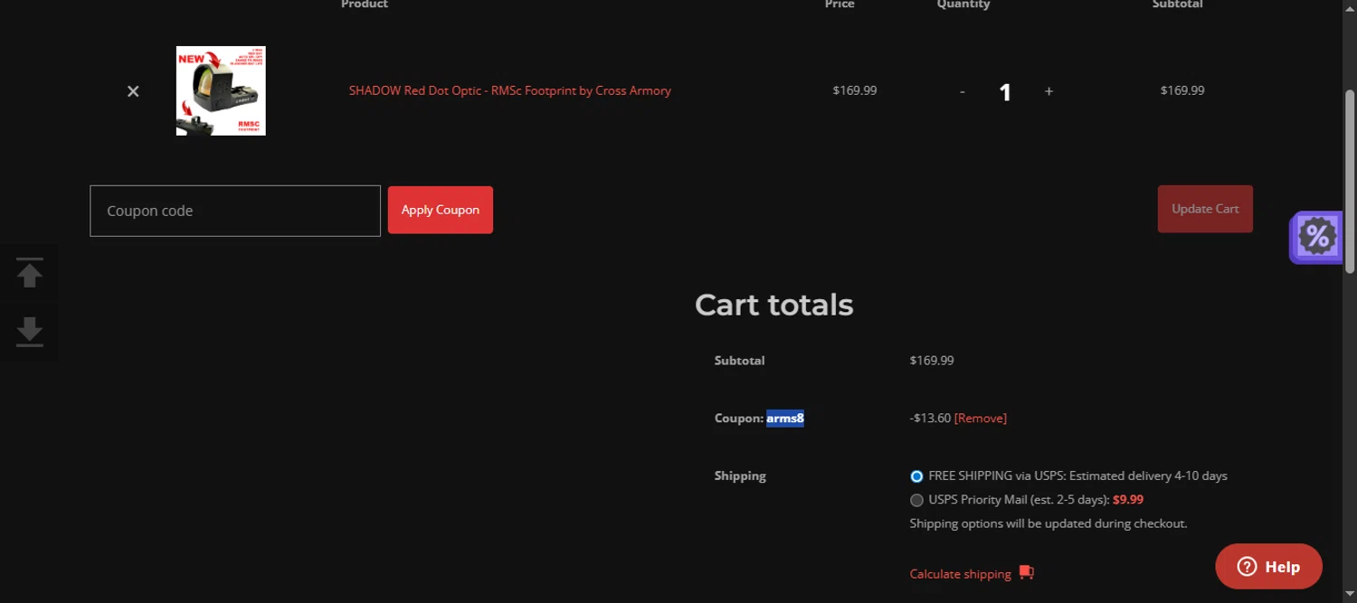 Cross Armory discount code screenshot showing code arms8 applied at Cross Armory checkout page. Uploaded by SimplyCodes community member 111111 on Aug 20, 2025