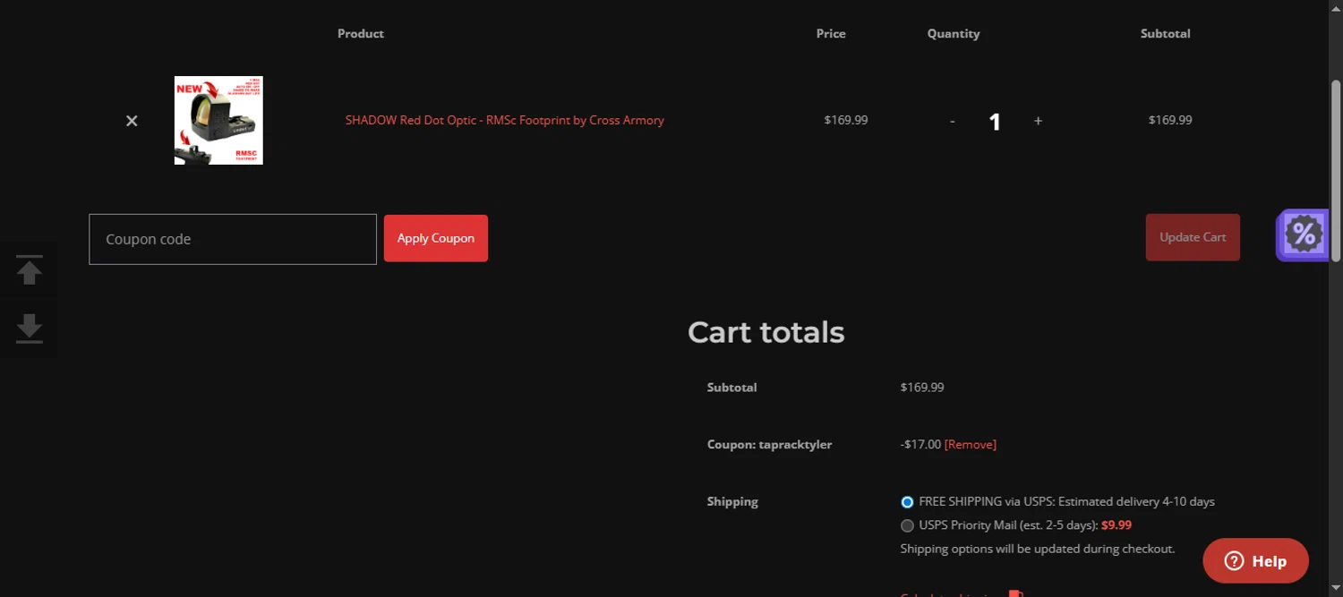 Cross Armory discount code screenshot showing code TAPRACKTYLER applied at Cross Armory checkout page. Uploaded by SimplyCodes community member 111111 on Aug 20, 2025