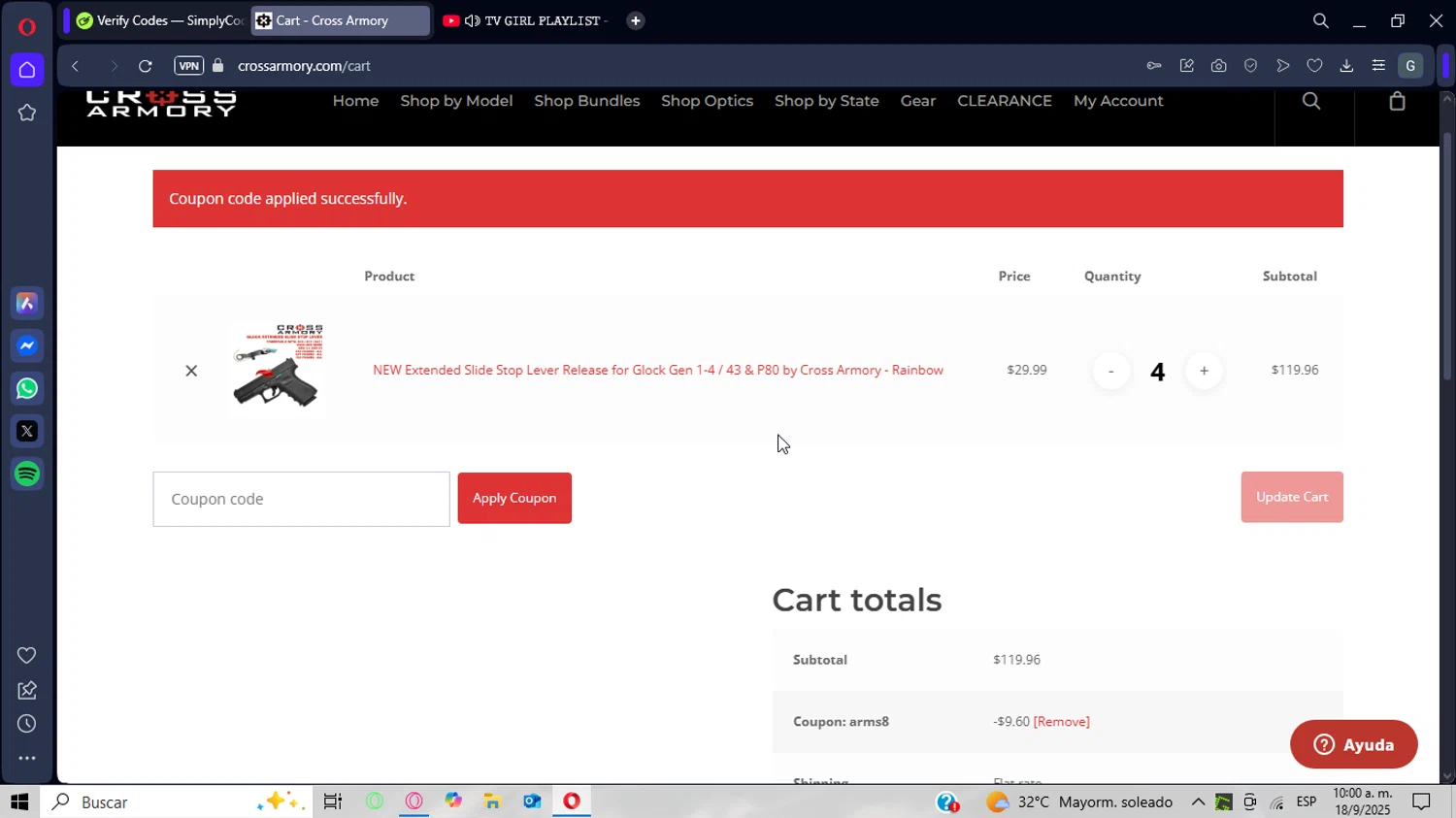 Cross Armory discount code screenshot showing code ARMS8 applied at Cross Armory checkout page. Uploaded by SimplyCodes community member CrownWizard8571 on Sep 18, 2025