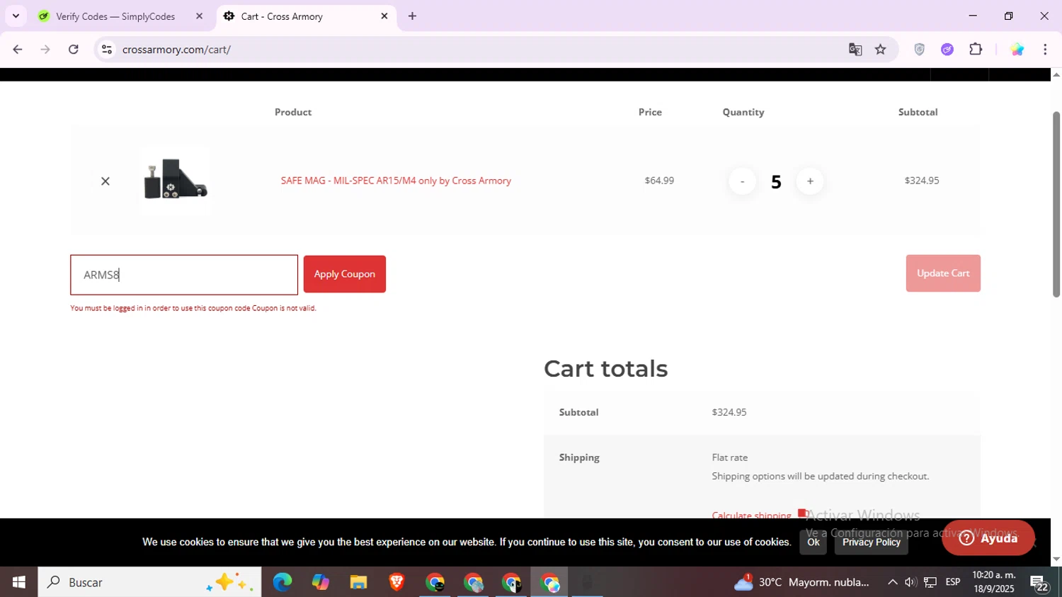 Cross Armory discount code screenshot showing code ARMS8 applied at Cross Armory checkout page. Uploaded by SimplyCodes community member Estrellitacoairis on Sep 18, 2025