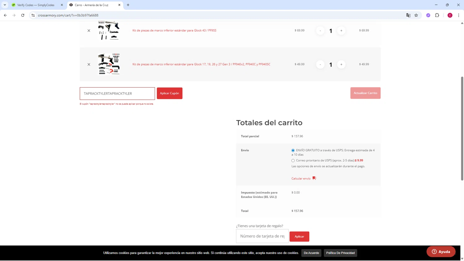 Cross Armory discount code screenshot showing code TAPRACKTYLER applied at Cross Armory checkout page. Uploaded by SimplyCodes community member TOROREX250 on Aug 20, 2025