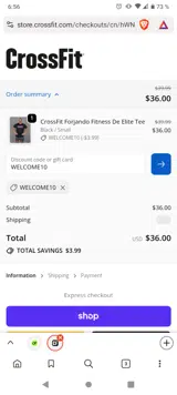 WELCOME10 coupon verification screenshot