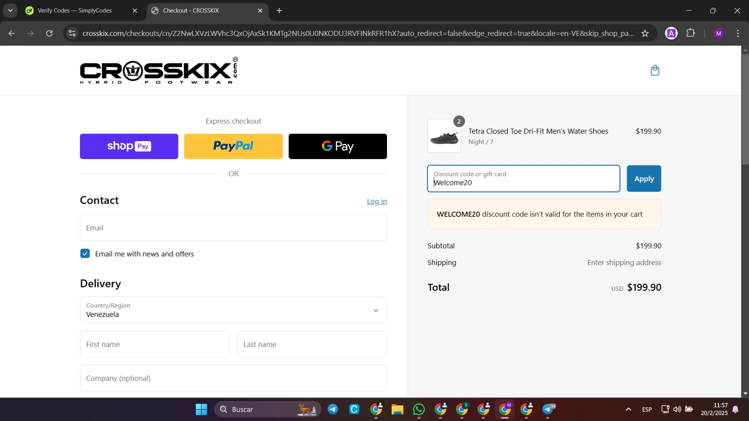 Crosskix discount code screenshot showing code Welcome20 applied at Crosskix checkout page. Uploaded by SimplyCodes community member jinwoo on Feb 20, 2025