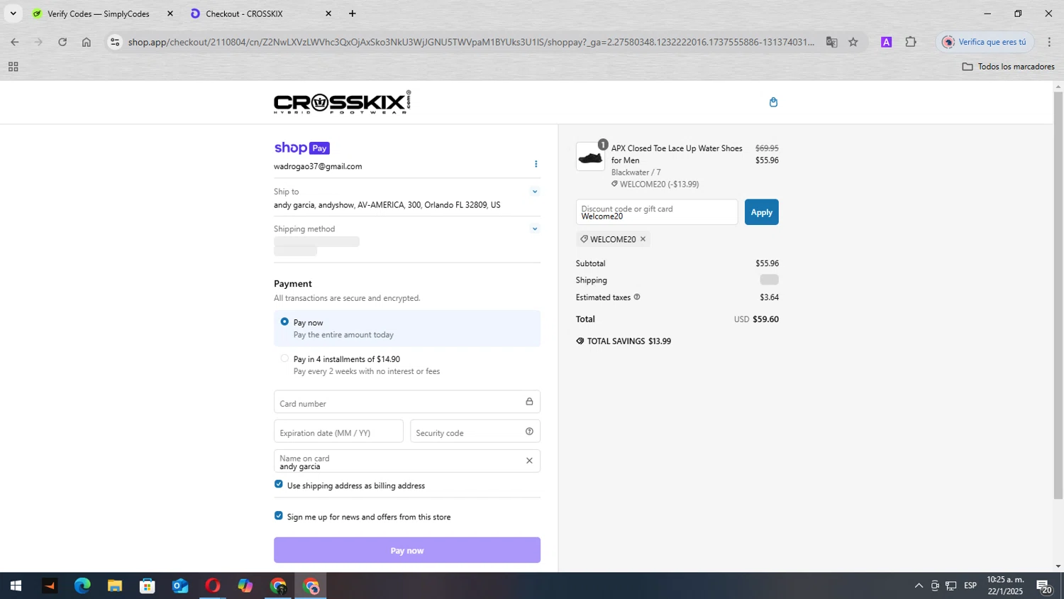 Crosskix discount code screenshot showing code Welcome20 applied at Crosskix checkout page. Uploaded by SimplyCodes community member lisandro on Jan 22, 2025