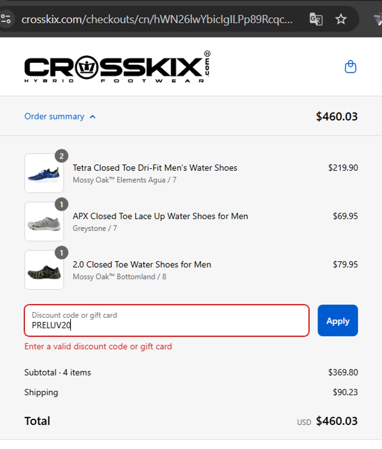 Crosskix discount code screenshot showing code PRELUV20 applied at Crosskix checkout page. Uploaded by SimplyCodes community member LaCalix3000 on Aug 22, 2025