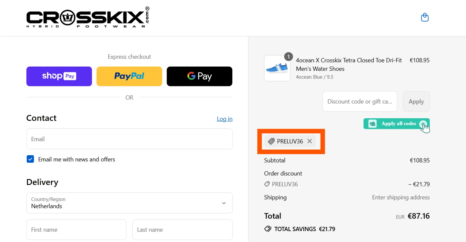 Crosskix discount code screenshot showing code PRELUV36 applied at Crosskix checkout page. Uploaded by SimplyCodes community member CleverSentinel4477 on Aug 19, 2025