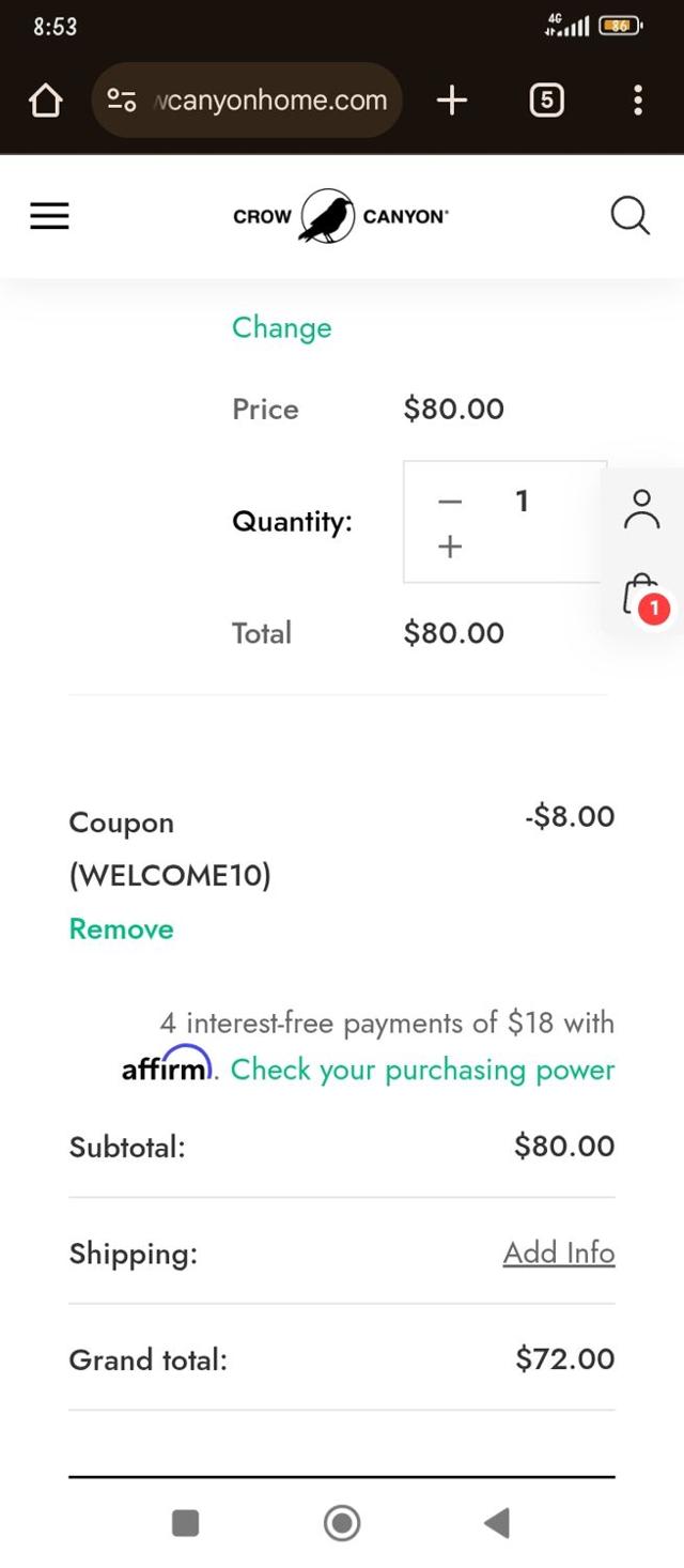 Crow Canyon Home checkout page showing Crow Canyon Home promo code box | Screenshot taken by SimplyCodes community member on Mar 20, 2025
