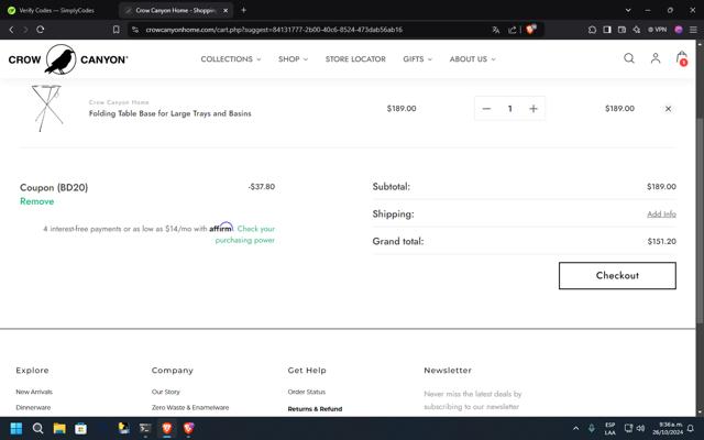 Crow Canyon Home checkout page showing Crow Canyon Home promo code box | Screenshot taken by SimplyCodes community member on Oct 26, 2024
