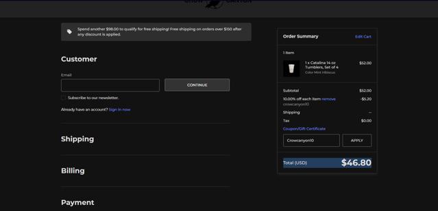 Crow Canyon Home checkout page showing Crow Canyon Home promo code box | Screenshot taken by SimplyCodes community member on Nov 5, 2024