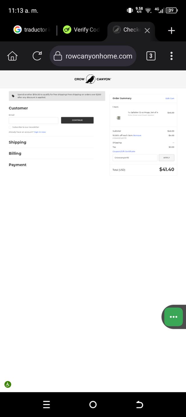 Crow Canyon Home checkout page showing Crow Canyon Home promo code box | Screenshot taken by SimplyCodes community member on Aug 13, 2025