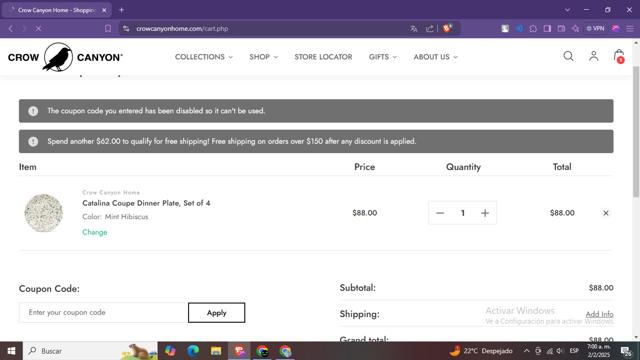 Crow Canyon Home checkout page showing Crow Canyon Home promo code box | Screenshot taken by SimplyCodes community member on Feb 2, 2025