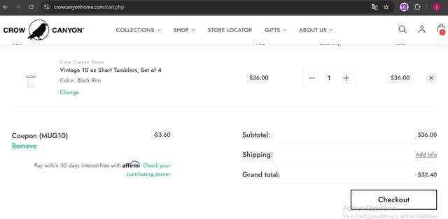 Crow Canyon Home checkout page showing Crow Canyon Home promo code box | Screenshot taken by SimplyCodes community member on Jan 12, 2025