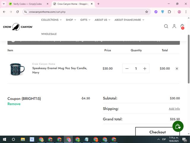 Crow Canyon Home checkout page showing Crow Canyon Home promo code box | Screenshot taken by SimplyCodes community member on Jun 19, 2025