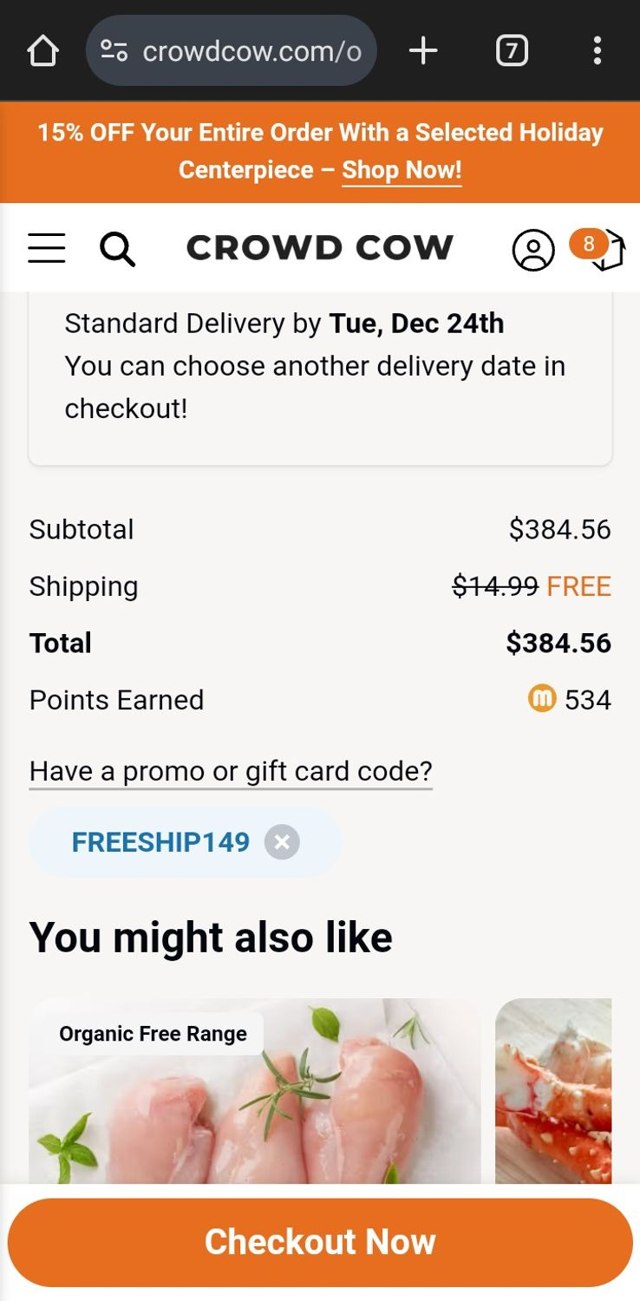 Crowd Cow checkout page showing Crowd Cow promo code box | Screenshot taken by SimplyCodes community member on Dec 22, 2024