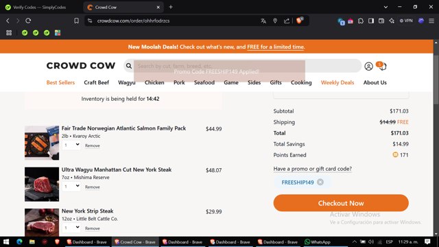 Crowd Cow checkout page showing Crowd Cow promo code box | Screenshot taken by SimplyCodes community member on Jan 20, 2025