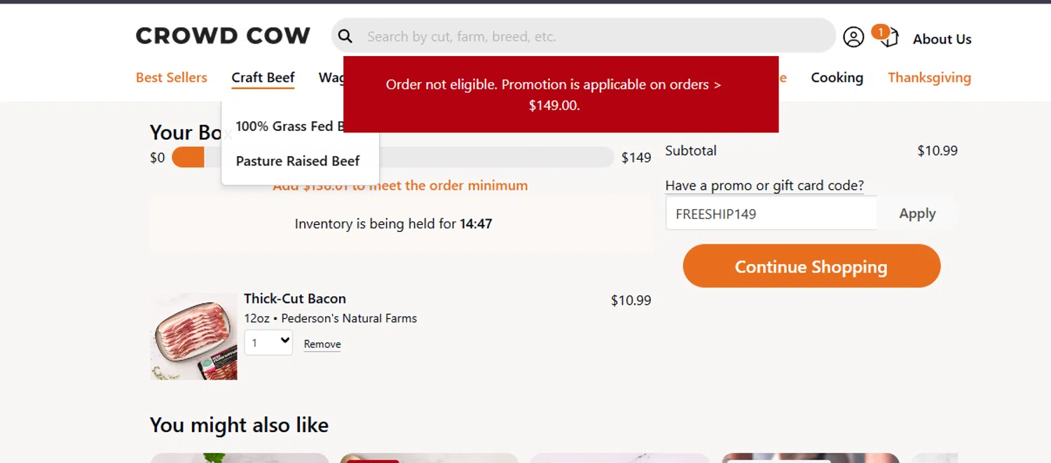 where to use Crowd Cow promo code box