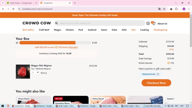 Crowd Cow checkout page showing Crowd Cow promo code box | Screenshot taken by SimplyCodes community member on Nov 23, 2024
