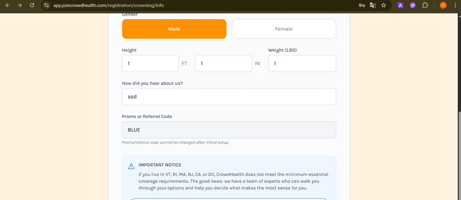CrowdHealth promo code screenshot showing code BLUE applied at CrowdHealth checkout page. Uploaded by SimplyCodes community member NobleElite1598 on Nov 20, 2025