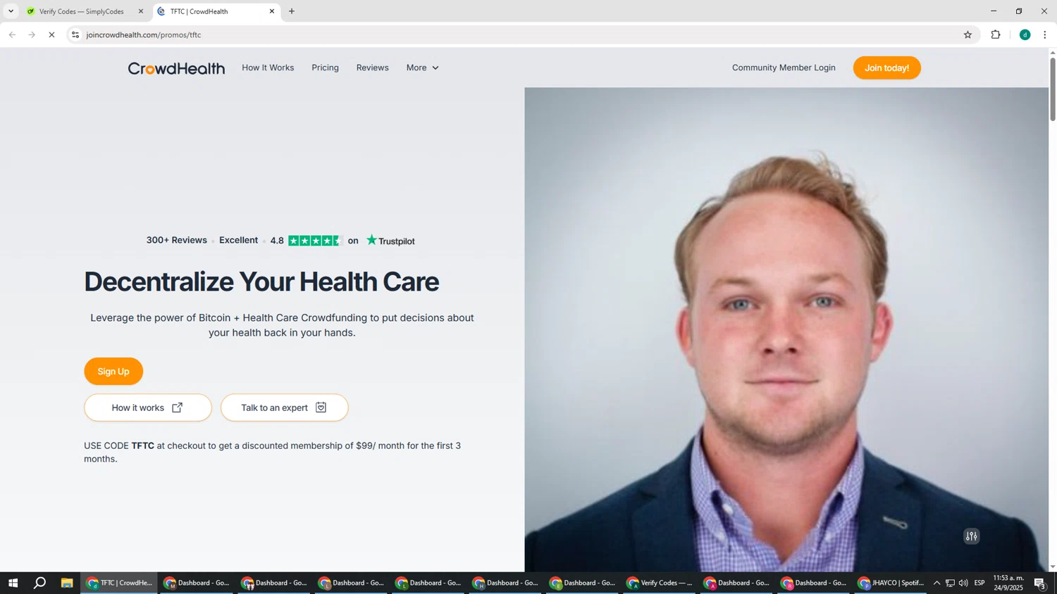 CrowdHealth promo code screenshot showing code TFTC applied at CrowdHealth checkout page. Uploaded by SimplyCodes community member HEROESCUDA on Sep 24, 2025