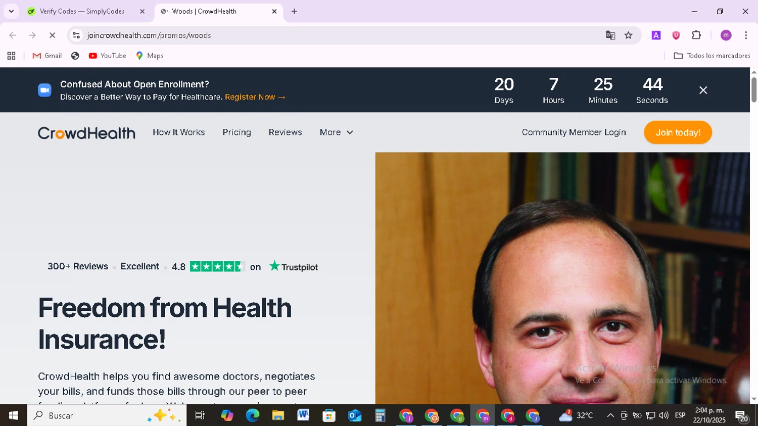 CrowdHealth promo code screenshot showing code WOODS applied at CrowdHealth checkout page. Uploaded by SimplyCodes community member BudgetMonarch8952 on Oct 22, 2025