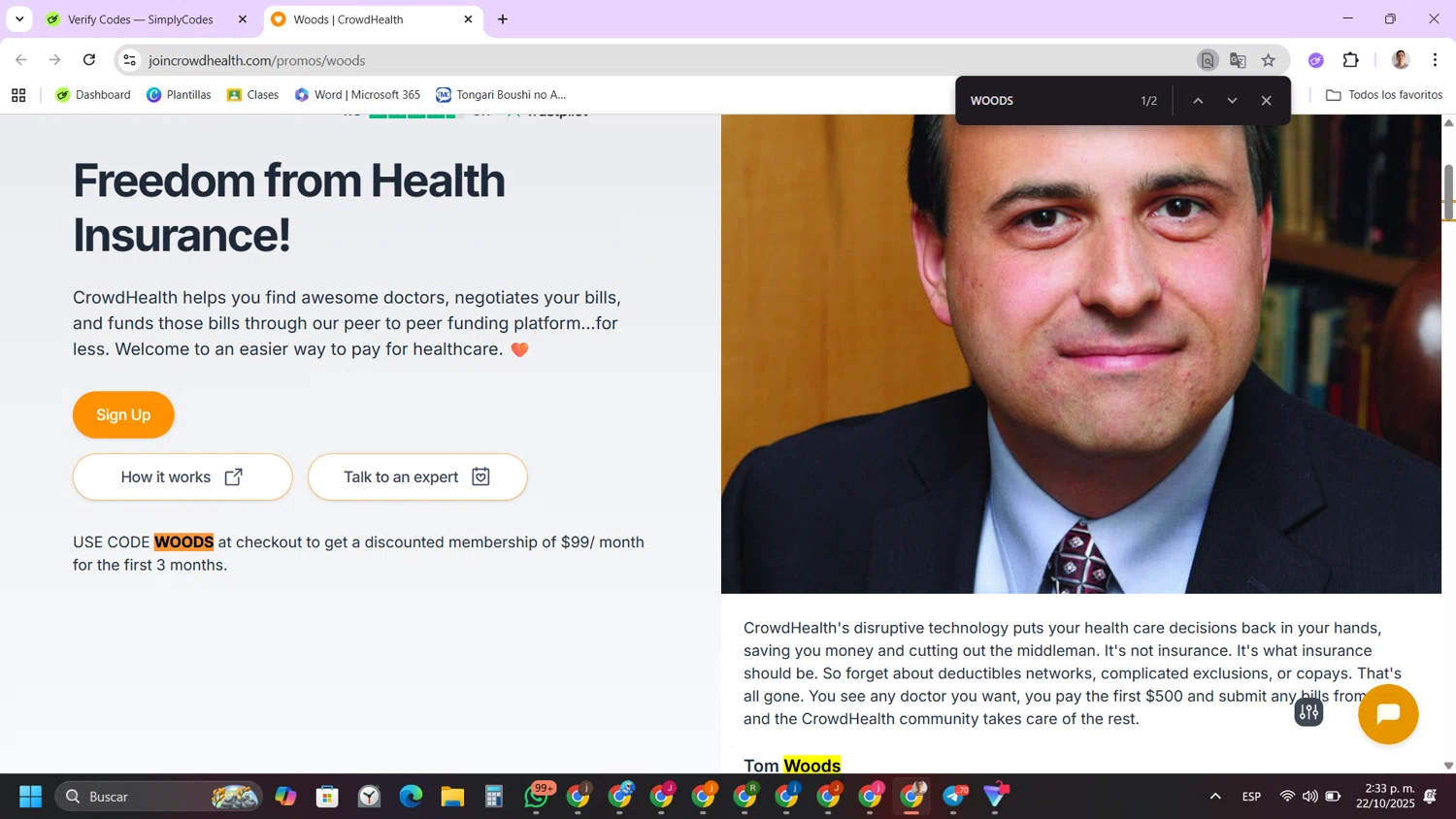 CrowdHealth promo code screenshot showing code WOODS applied at CrowdHealth checkout page. Uploaded by SimplyCodes community member FernandoLetex on Oct 22, 2025