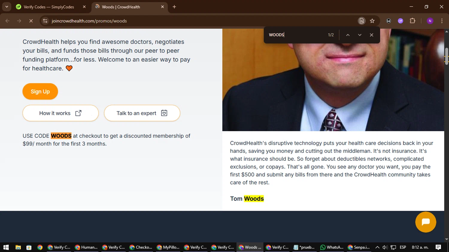 CrowdHealth promo code screenshot showing code WOODS applied at CrowdHealth checkout page. Uploaded by SimplyCodes community member NATAAAAAANAELCANO on Nov 20, 2025