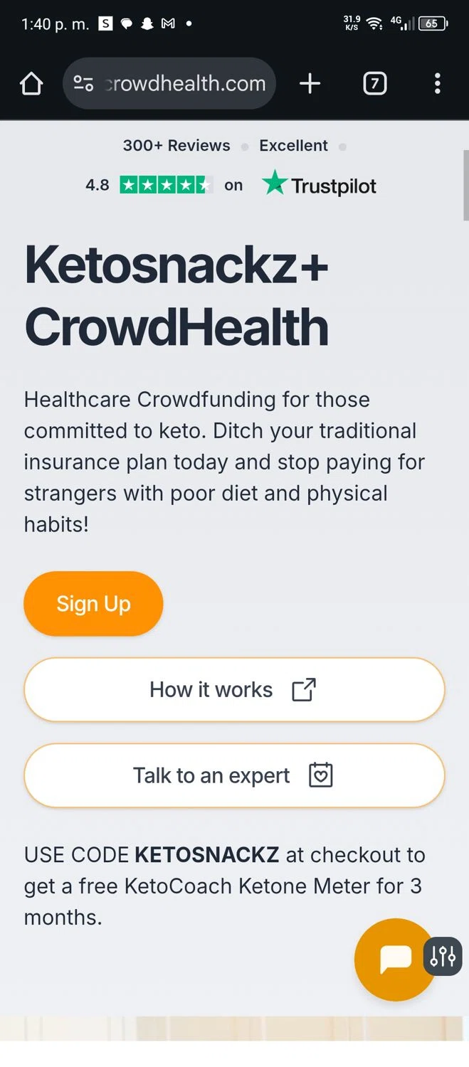 CrowdHealth promo code screenshot showing code KETOSNACKZ applied at CrowdHealth checkout page. Uploaded by SimplyCodes community member Luis0101 on Oct 22, 2025