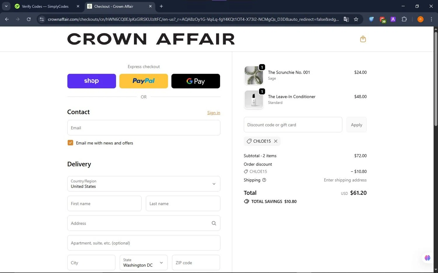 Crown Affair discount code screenshot showing code CHLOE15 applied at Crown Affair checkout page. Uploaded by SimplyCodes community member NobleScholar188 on Dec 8, 2025