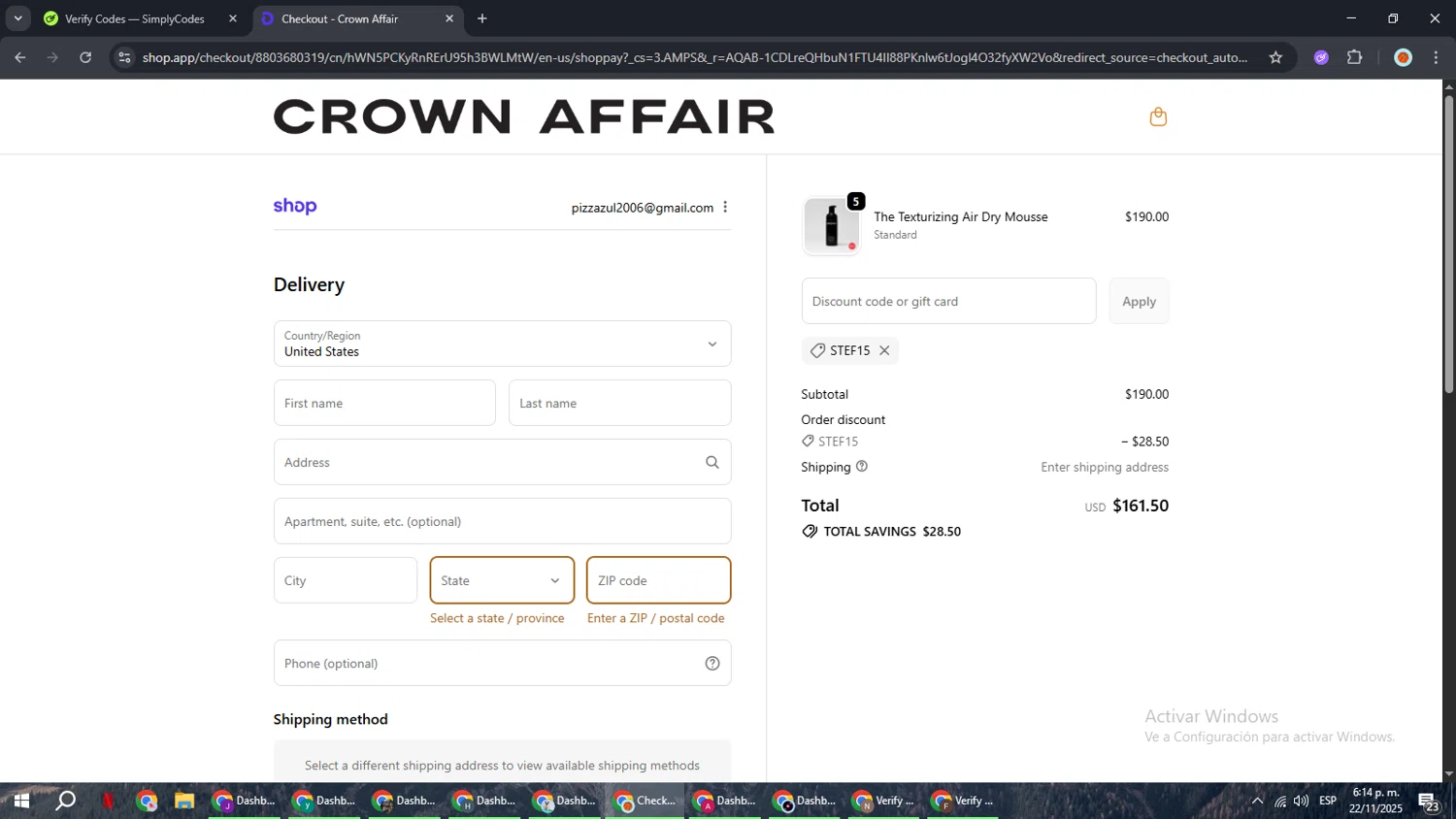 Crown Affair discount code screenshot showing code Stef15 applied at Crown Affair checkout page. Uploaded by SimplyCodes community member BonusCaptain9927 on Nov 22, 2025