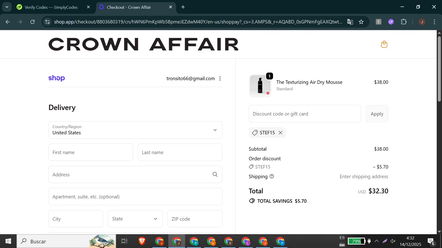 Crown Affair discount code screenshot showing code Stef15 applied at Crown Affair checkout page. Uploaded by SimplyCodes community member Jeffersontorrealba on Dec 14, 2025