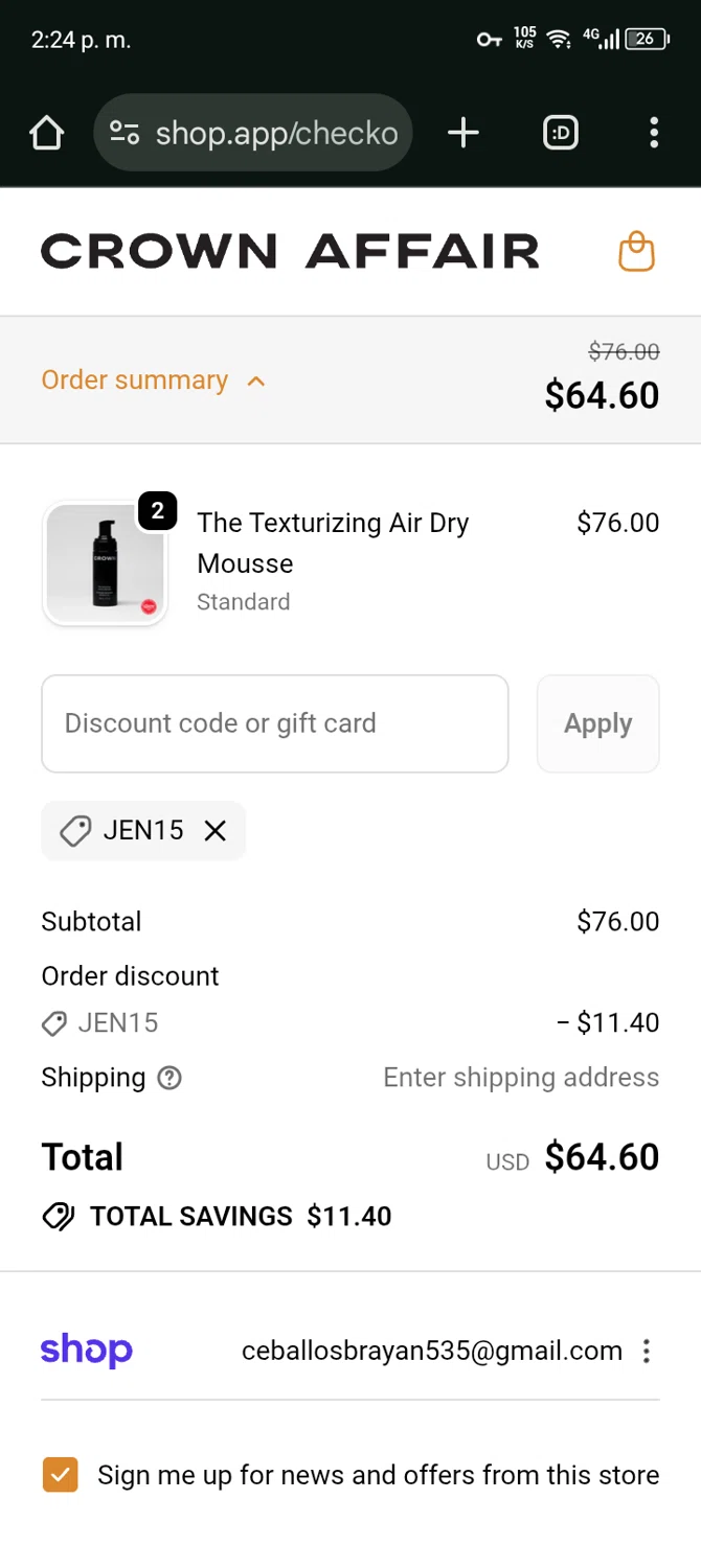 Crown Affair discount code screenshot showing code JEN15 applied at Crown Affair checkout page. Uploaded by SimplyCodes community member Bernado on Nov 17, 2025