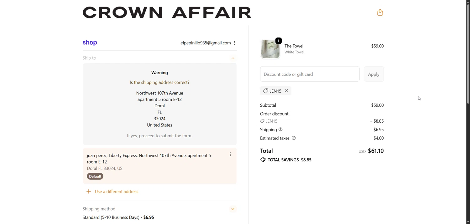 Crown Affair discount code screenshot showing code JEN15 applied at Crown Affair checkout page. Uploaded by SimplyCodes community member Enmanuel99 on Nov 27, 2025