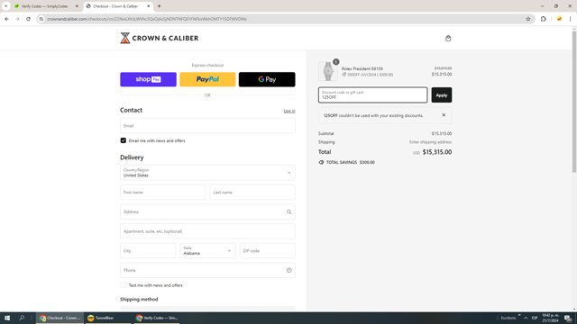 Crown & Caliber checkout page showing Crown & Caliber promo code box | Screenshot taken by SimplyCodes community member on Jul 22, 2024
