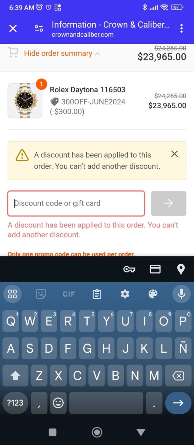 Crown & Caliber checkout page showing Crown & Caliber promo code box | Screenshot taken by SimplyCodes community member on Jun 21, 2024
