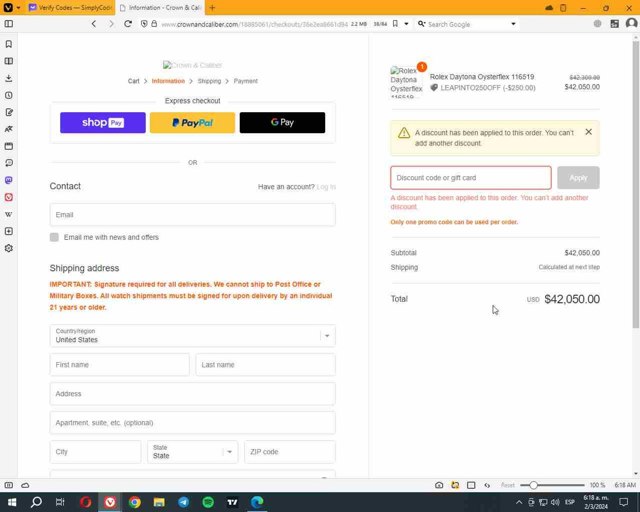 Crown & Caliber checkout page showing Crown & Caliber promo code box | Screenshot taken by SimplyCodes community member on Mar 2, 2024