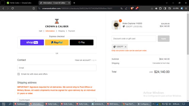 Crown & Caliber checkout page showing Crown & Caliber promo code box | Screenshot taken by SimplyCodes community member on Jun 10, 2024