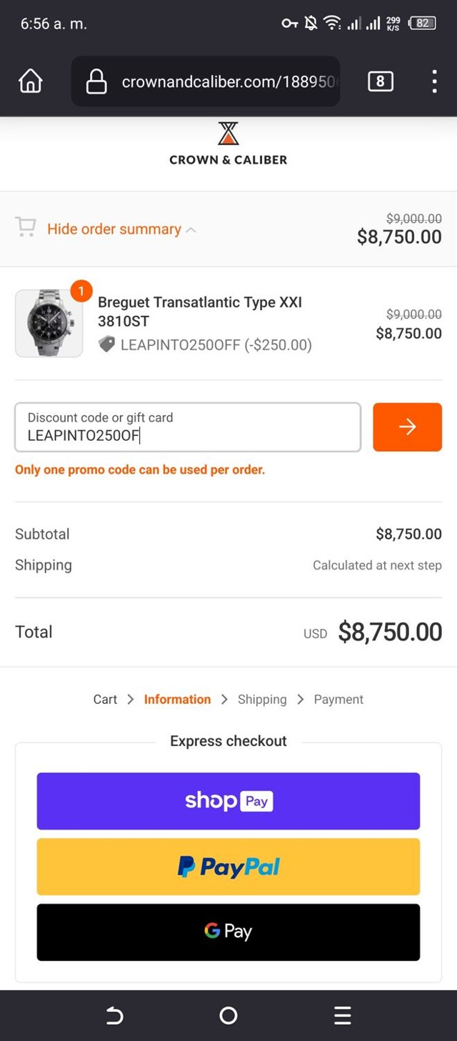 Crown & Caliber checkout page showing Crown & Caliber promo code box | Screenshot taken by SimplyCodes community member on Mar 2, 2024